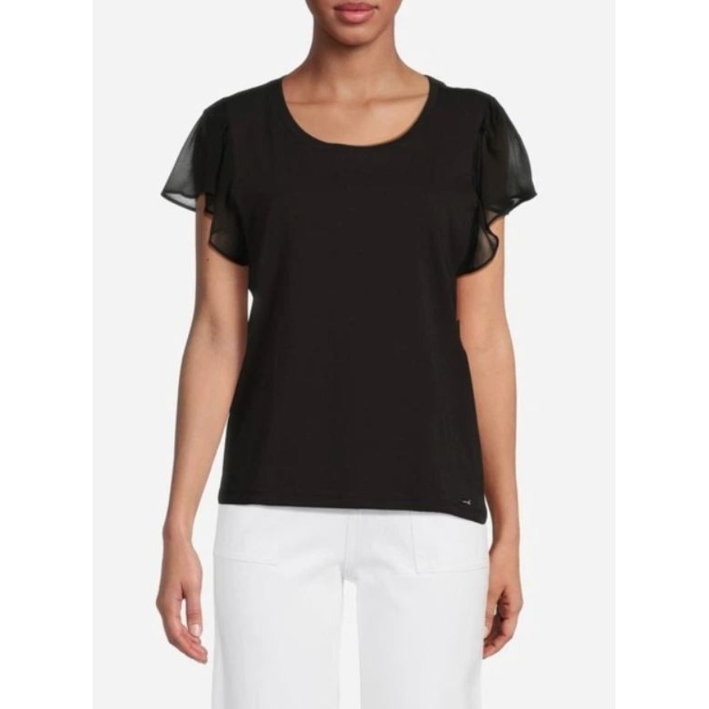 Calvin Klein Women's‎ Round Neck Chiffon Flutter Sleeve Top in Navy Small $50